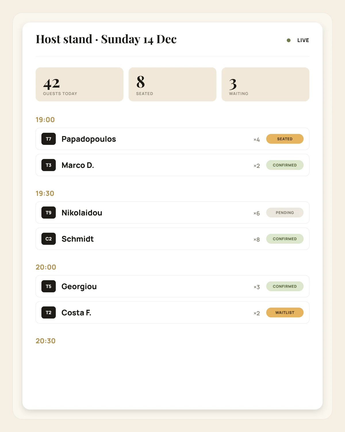 Restaurant reservation system, live BookArrive screen